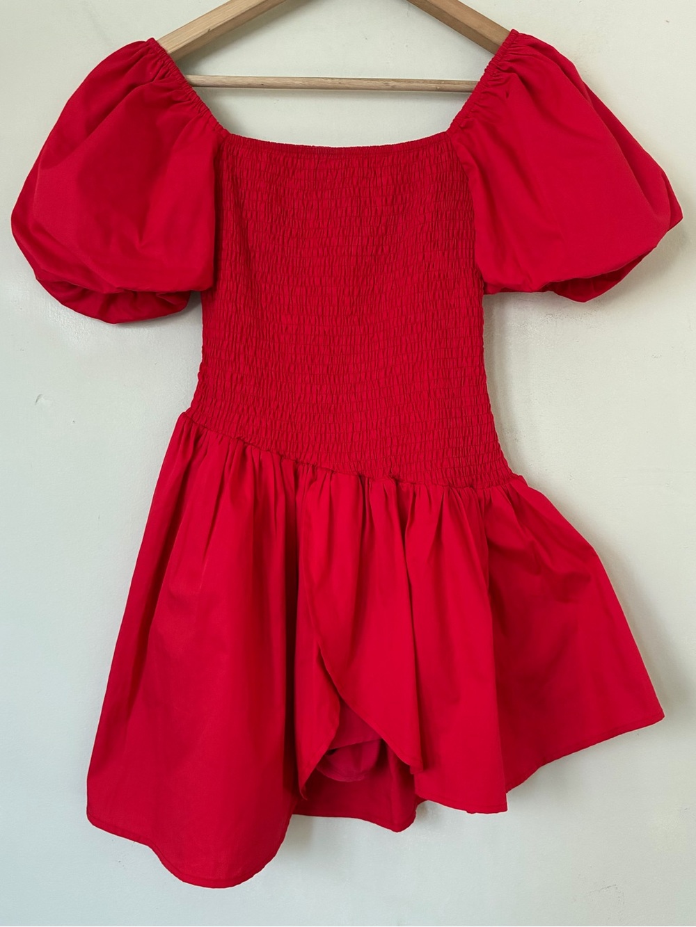 Hazel & Olive Red Smocked Puff Sleeve Asymmetrical Skirt Romper M Romantic